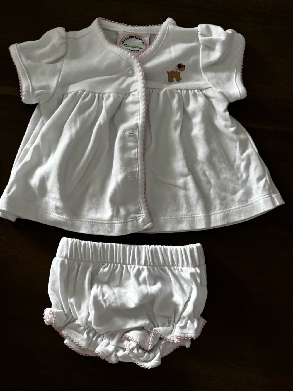 White Baby Two-Piece Layette Set with Pink Trim